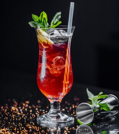 cocktail with lemon slices ice cubes and mint