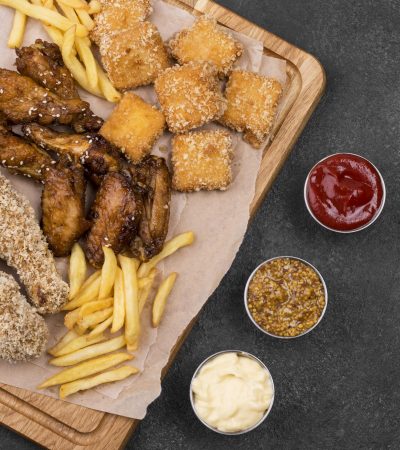 top-view-variety-sauces-with-french-fries-fried-chicken